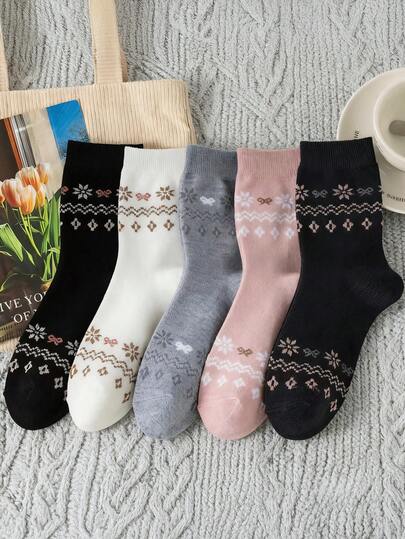 3/5/10双装女士随机雪花菱形波浪纹时尚中筒袜，柔软舒适透气，四季皆宜，休闲学院风，适合日常户外穿着