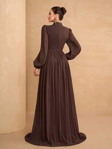 YISIKADO 3D立体花朵串珠花蕊女士雪纺连衣裙，长袖高领，优雅茶会礼服，适合婚礼宾客、毕业典礼、音乐会、宴会、晚宴等场合，春季款。 - 鏽棕色 - 查看 3