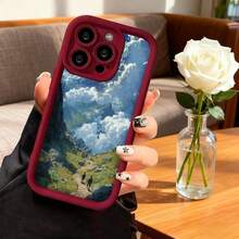 Cubierta de teléfono con borde negro diseño de montañas y cielo azul con nubes caminantes en sendero verde para uso diario y viajes - Café integral - Ver 5