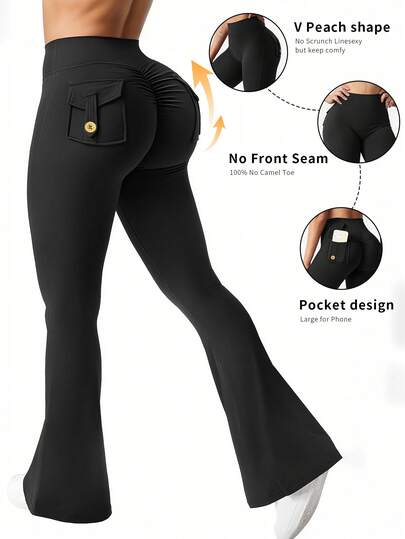 6pecil Leggings acampanados con bolsillos para mujer, leggings deportivos ajustados que levantan el trasero, pantalones de yoga y fitness para mujer