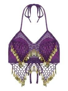 Coin Embellished Halter Neck Dance Accessory, Sparkly Performance Body Accent, Festival Rave Costume Piece - Multicolor - View 10