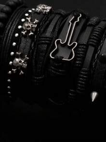 8件套朋克风时尚个性化PU皮革铆钉吉他背带套装，适合男士日常或派对穿着 - 黑色 - 查看 3