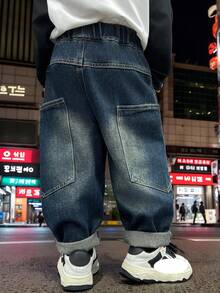 小男孩宽松牛仔裤，大口袋，时尚有弹性，秋季 - 藍色 - 查看 2