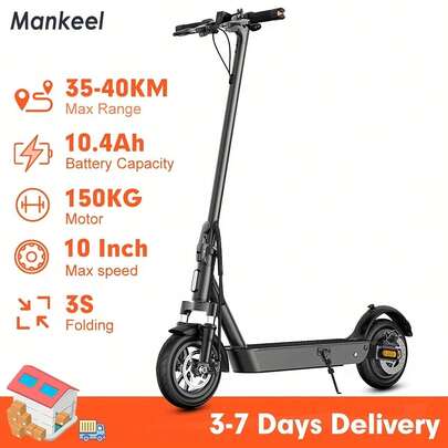 Mankeel Adult Electric Scooter With 264 Lbs Heavy-Duty Load & 40km Range - 10" All-Terrain Tire E-Scooter, Foldable Aluminum Alloy Frame, Dual Suspension & Brakes, Global Voltage ( Plug) - Ideal For Commuting, Gifts (Black)