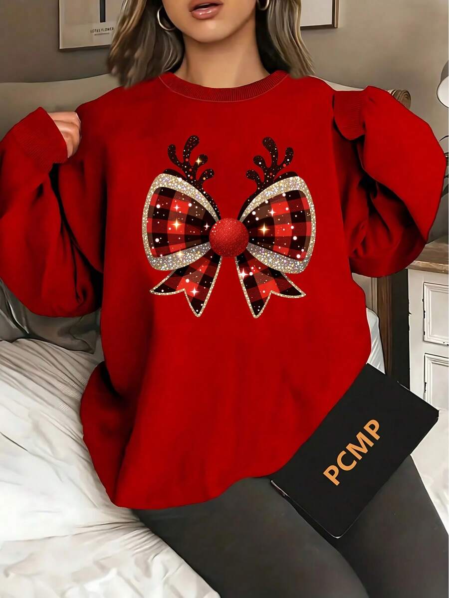 Women's Fashion Apparel, Christmas T-Shirt, Red & Glitter Bow, 2-Way Layering Top With Round Neck Short Sleeve, Casual Everyday & Holiday Party Outfit, Machine Washable Year-Round Wear, For Christmas & New Year's Eve Clothes Women Christmas Pajamas Long Sleeve Tops Women - 紅色 - 查看 1