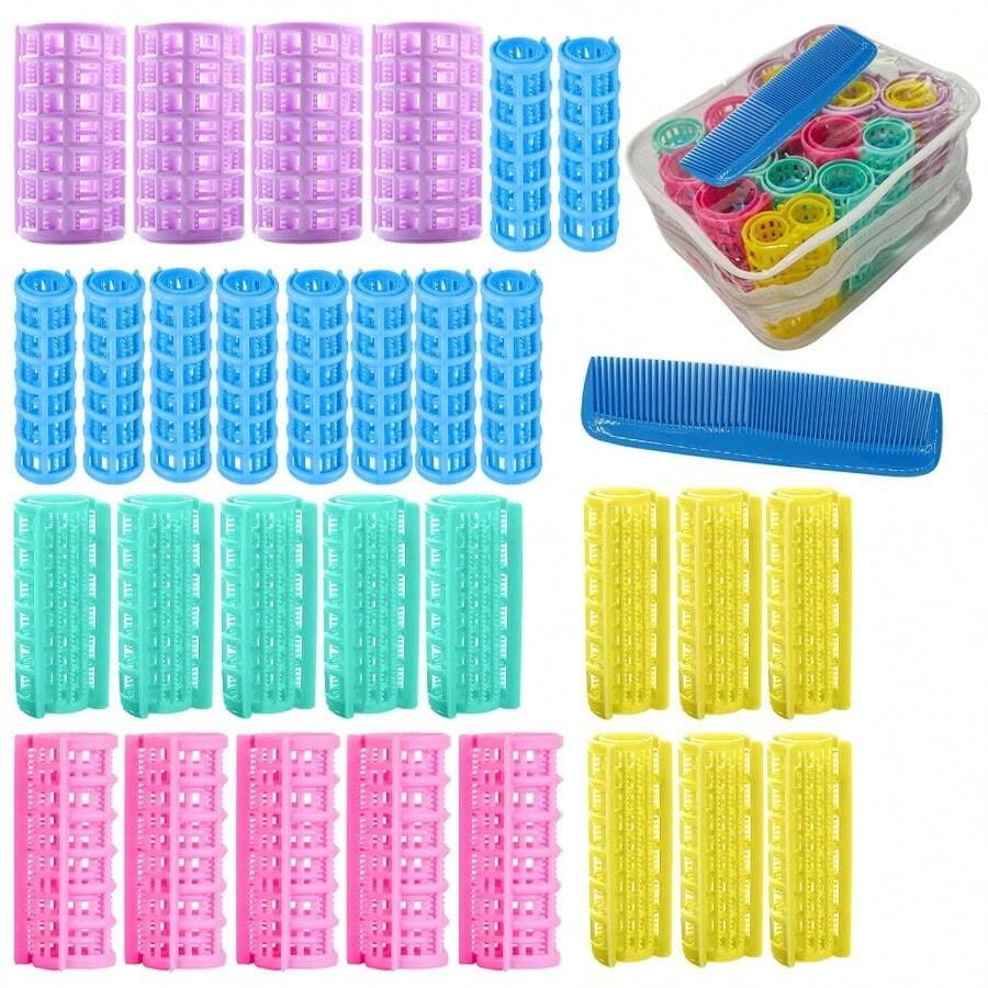 GSYY 30Pcs Plastic Hair Curlers Rollers Set  Rollers Self Gr Hairdressing Curlers Hair Curlers No Heat Hair Rollers For Long Medium Sh Thin Fine Hair With Mini Cb 5 Si - 藍色 - 查看 1