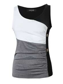 ChicMe Womens Button Decor Colorblock Ruched Slim Fit Tank Top Sleeveless Chic Casual Street Office Party Blouse