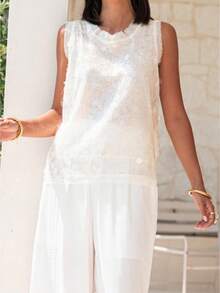 Women's Summer Shiny Sequins Vest Tops Sleeveless Round Neck Fashionable Vintage Party Tank Tops Club Cocktail Parties Dances Streetwear - 白色 - 查看 1