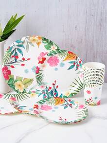 8pcs/Set White Background Green Leaf Red Flower Disposable Plate And Cup Set, Plates And Cups Party Supplies, Suitable For 8 Guests, Disposable Paper Plates Party Tableware For Birthday, Wedding, Theme Party, Family Picnic - Multicolor - View 3