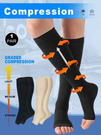 Unisex 25,30 MmHg High Compression Knee High Socks Open Toe Elastic Calf Shaping Sport Socks, Cozy Socks