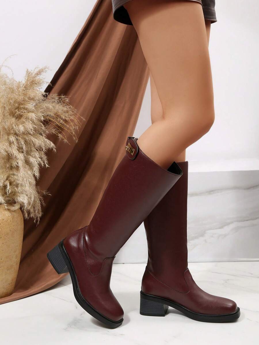 Damskie kozaki do kolan na jesień/zimę w dużych rozmiarach, z zamkiem błyskawicznym z tyłu, kwadratowym noskiem, grubym obcasem, buty jeździeckie - Czerwony - Zobacz 1