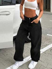 Women's Plus Size Retro Casual Loose Straight Leg Jeans Spring Black - Black - View 4