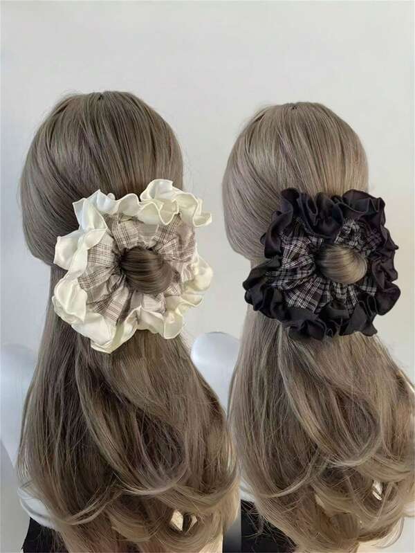 1 pieza Elegante Scrunchie de mujer con estampado de cuadros y encaje, accesorio para el cabello de coleta, adecuado para decoración del peinado diario, elegante estilo bohemio