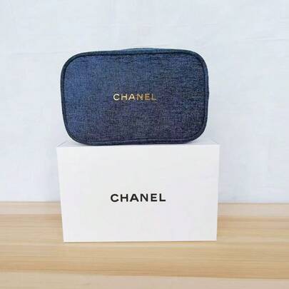CHANEL Navy Blue Tweed Cosmetic Pouch, Zippered Closure With Gold Foil Logo, Travel Toiletry Bag