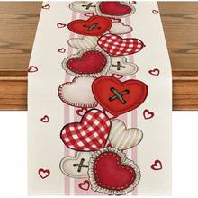 Caminho de mesa para o Dia dos Namorados com botões em formato de coração, decoração sazonal para mesa de jantar e cozinha, ideal para festas em casa. - Vermelho - Ver 1