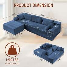 KORSER 108" Sectional Sofa, Modular Sectional Couch With L-Shape Chaise For Living Room, Comfy Corduroy Upholstered Fluffy Couch With Deep Seat And Side Pockets, Cloud Couch Sectional, No Assembly Required - 藍色 - 查看 2