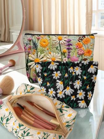 1pc Daisy Cosmetic Bag, Various Sizes Zipper Makeup Brush Holder Pouch, Black Daisy, Small Coin Purse, Sanitary Pad Storage Bag