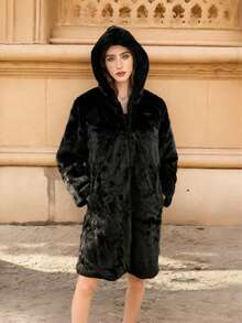 Women's Winter Coats Elegant Women's Black Faux Fur Long Sleeve Midi Coat Featuring A Hood, And Pockets Suitable For Christmas, New Year - Black - View 6