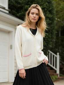 Women's Shawl Collar Cardigan Long Sleeve V Neck Graphic Print Button Down Sweater Knit Tops - 粉色 - 查看 4