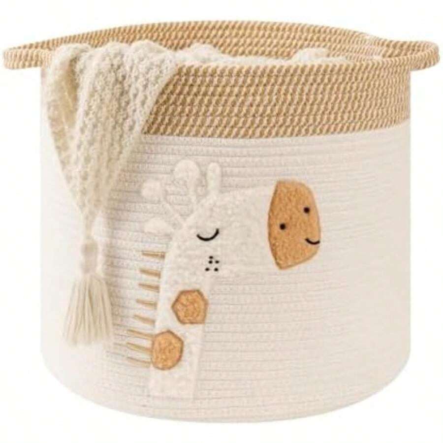 INough - Cestas de manta para decoración de sala de estar, cestas de almacenamiento de cuerda de algodón tejida, organizador de ropa con bordado de arco iris, cesta de tela para lavandería (grande(Large Giraffe) - Multicolor - Ver 1