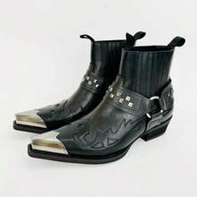 Men's Metal Western Ankle Boots, Fashion Pointed Toe Chelsea Boots - Black - View 16