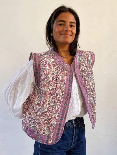 Gilet sans col matelassé à imprimé décontracté pour femmes, rose, convient aux femmes en automne/hiver, Nouvel An/Noël