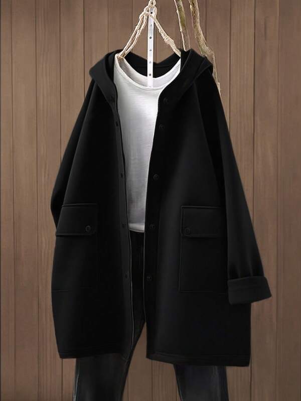 Chaqueta con capucha de mujer de unicolor minimalista y casual con bolsillo y botones delanteros, para uso diario