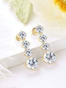 XUJIA 1 par de pendientes de mujer de plata de ley 925 con colgante de moissanita, 8mm*2 piezas de moissanita redonda, emparejada con 5mm de circonita cúbica, pendientes de plata 925 en forma de lágrima, regalo de joyería para compromiso, boda, aniversario o cumpleaños - Amarillo Oro - Ver 5