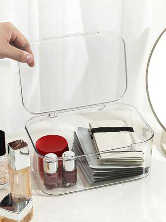 1pc Transparent Flip-Top Storage Box, Dust-Proof And Waterproof Countertop Organizer Box For Skincare Products, Face Masks, Perfumes, Lotions, Hair Accessories, Kitchen Utensils, Desktop, Cosmetics Display, Bathroom Accessories, Room Decor,Gifts For Women,Christmas Gifts,Gift Ideas For Women