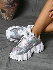 [Please Refer To The Size Chart In The Details] Women's Platform Sneakers, New Metallic Silver Splatter Chunky Shoes, Wavy Sole Casual Shoes, Silver Holographic Thick Bottom Shoes, Silver Athletic Shoes, Reflective Letter Pattern Elevated Fashion Sneakers For Women - 銀色 - 查看 6