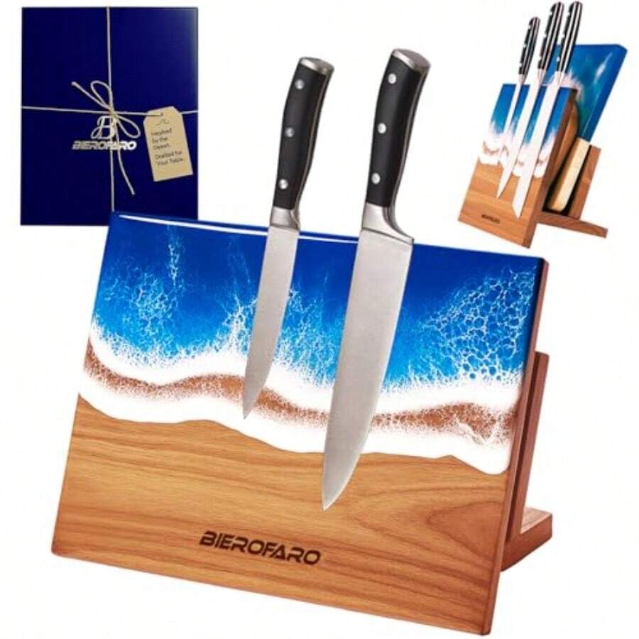 Magnetic Knife Block With Cutting Board Holder Freestanding Kitchen Knife Holder With Resin Design Acacia Wood MultiFunctional Knife Storage Organizer For Kitchen Counter - Brown - View 1