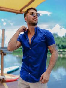 Men's Short-Sleeve Shirt With Mandarin Collar And Linen-Look - Assorted Colors - Comfortable - Royal Blue - View 6