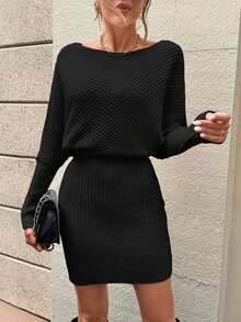 Vestido de punto de manga larga para mujer, de estilo minimalista vintage, perfecto para el otoño y el invierno, que realza las curvas de la figura. - Negro - Ver 8