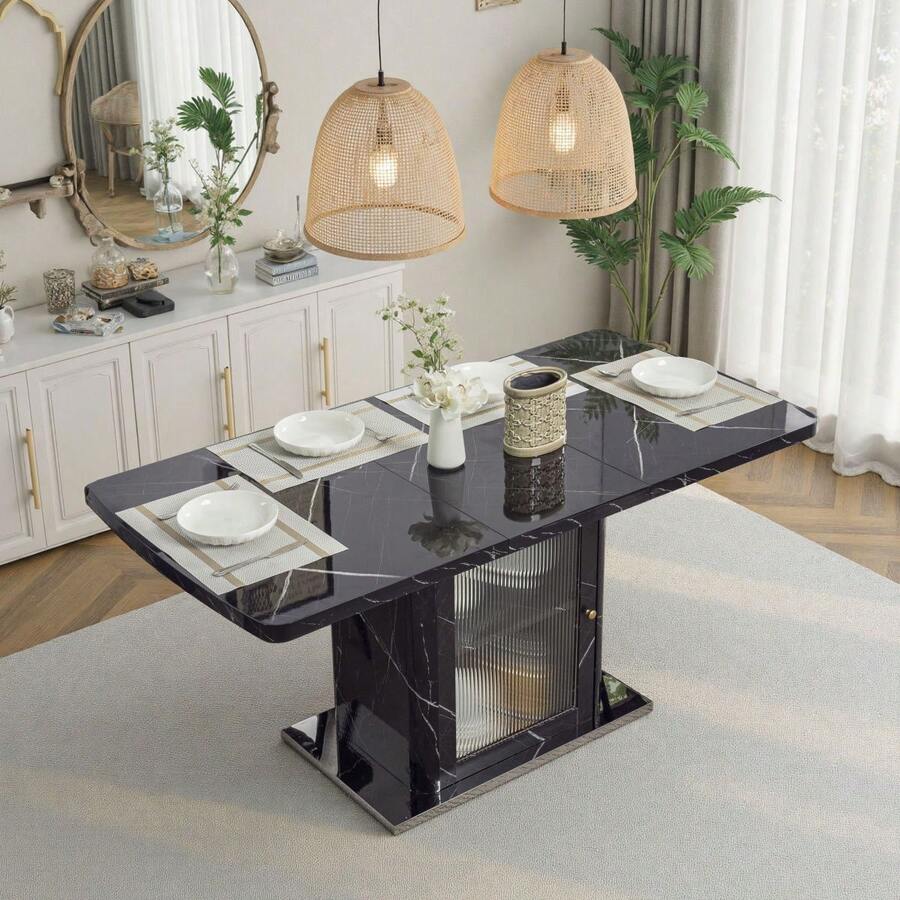 Modern Rectangular Dining Table, 120cm-160cm, Extendable, With Printed Black Marble Top + MDF X-Shaped Table Leg With Metal Base - Black + Glass + MDF+Steel + Primary Living Space - View 1