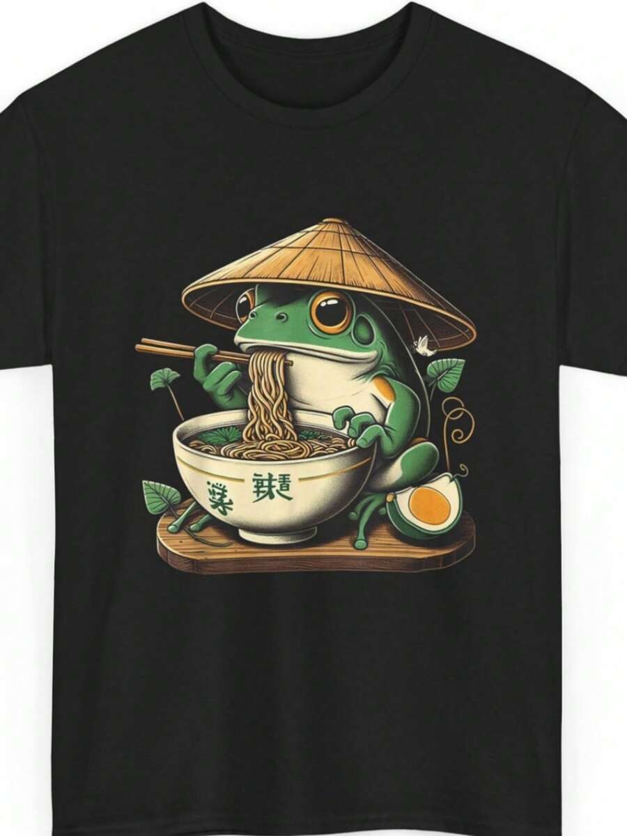 Frog Eating Ramen Kawaii Neko Japanese Noodles Anime Lovers T-Shirt - 黑色 - 查看 1