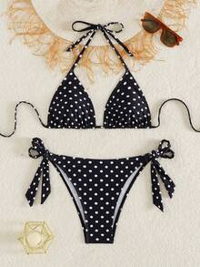 女士波点挂脖比基尼套装，可爱系带泳裤，中等弹力面料，非常适合海滩度假 - 黑與白 - 查看 2