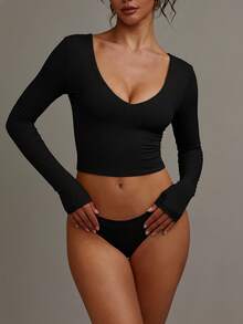 XLLAIS Deep V-Neck Long Sleeve Black Top, Double-Layer Yoga Fabric, Basic Warm T-Shirt, Women Autumn/Winter - Black - View 2