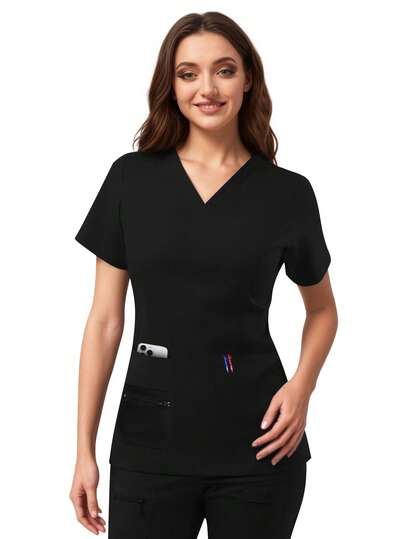 cimmuovere Women's Solid Color V-Neck Short Sleeved Multi Pocket Casual Care Top