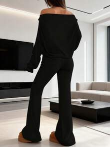 大码女装两件套休闲纯色露肩长袖宽松上衣搭配低腰抽绳复古喇叭裤，春季女装 - 黑色 - 查看 3