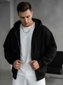 Men's Casual Solid Color Minimalist Hooded Sweatshirt Sweatshirt, Loose Fit Fleece Jacket, Spring/Autumn - Black - View 2
