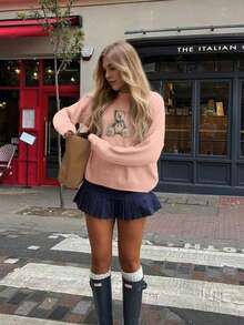 女士休闲可爱卡通熊圆领长袖针织衫，适合情人节约会、新年、狂欢节、除夕、夏季、女士生日、夏季假期、优雅女士上衣、街头服饰、教师节、冬季、感恩节、秋季、返校季、派对等场合。