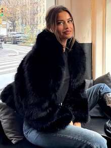 TRAFZA Women's Faux Fur Short Coat Women Fluffy Lapel Long Sleeve Warm Thick Loose Jacket Fashion Winter Lady High Street Outwear - Black - View 12