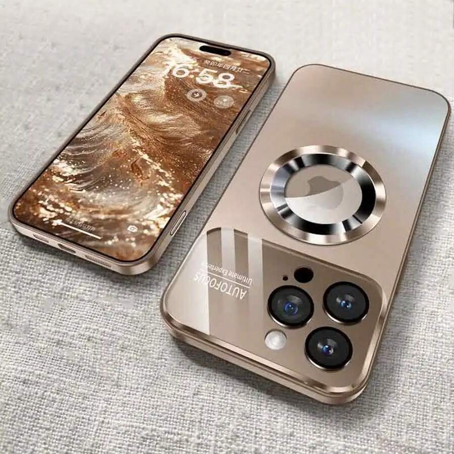 Fashionable Large Window Magnetic Phone Case,For IPhone 16 15 14 13 Pro Max, With Lens Protector,Wireless Charging Case - 金色 - 查看 1