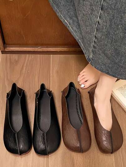 Zapatos casuales de mujer de piel suave con diseño deslizante, estilo retro, adecuados para el uso diario y las compras, de piel sintética negra/marrón, suela plana, cómodos y versátiles