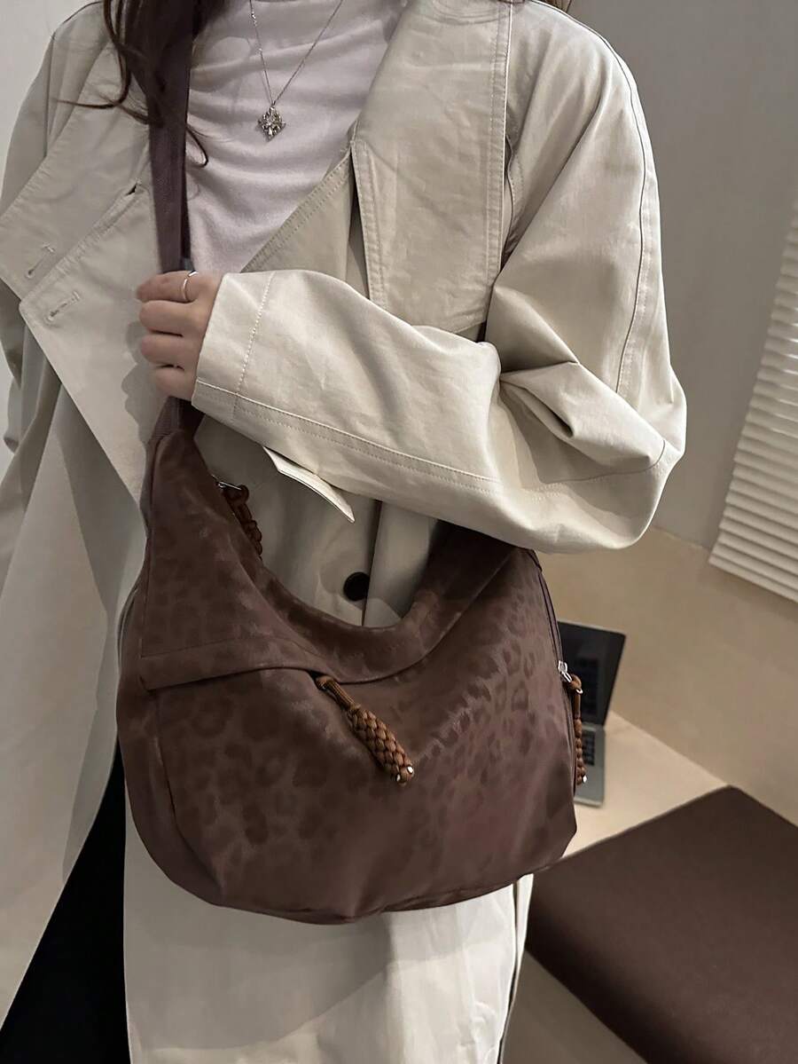 Fashionable Leopard Print Matte Shoulder Bag, Casual Minimalist College Style Wide Strap Crossbody Bag With Multiple Zipper Designs, Suitable For Students, Commuting, Shopping, Daily Use