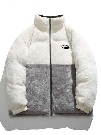 男士长袖加厚保暖外套，冬季双面穿休闲宽松保暖拼接立领羽绒服