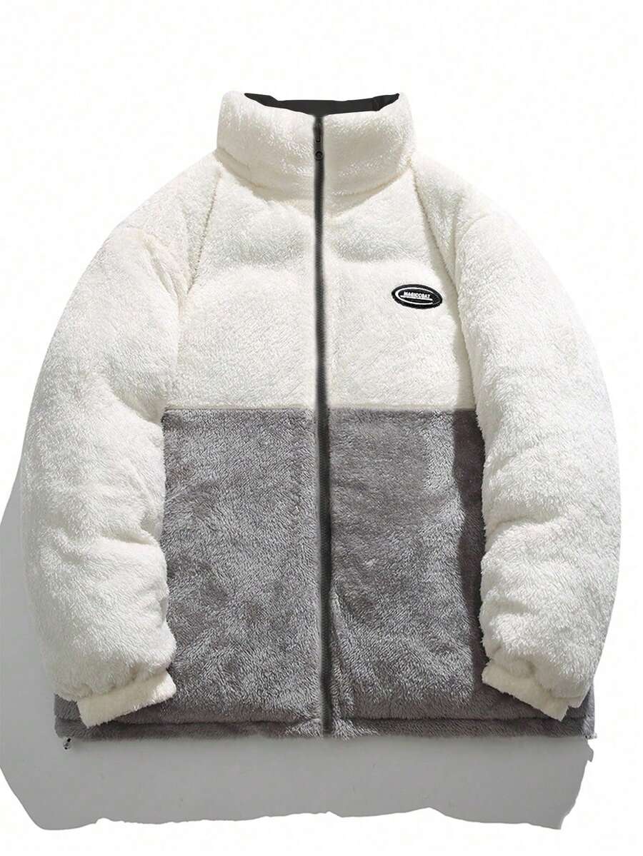 Men's Long Sleeve Thick Warm Jacket For Winter, Reversible Casual Loose Thermal Lined Patchwork Stand Collar Padded Coat - Black - View 1