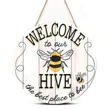 1Pc Bee Welcome To Our Hive Wood Hanging Sign For Home Garden Decor,Rustic Round Wooden Wall Hanging Plaque Sign For Outdoor Decorations 7.9In/12IN,Home Decor ,Room Decor,Wall Decor Gifts Birthday Graduation - Multicolor - View 7