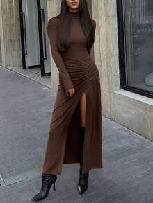 EARO 女士长袖连衣裙，高领修身休闲扭结设计，优雅派对鸡尾酒会通勤百搭连衣裙 - 摩卡棕 - 查看 3