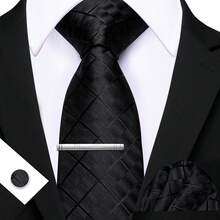 4pcs Men's Business Tie Dark Grey Black Plaid Checks Geometric Floral Jacquard Ties Formal Fashion Necktie Hanky Square Clip Set Wedding Party Gift - Multicolor - View 25
